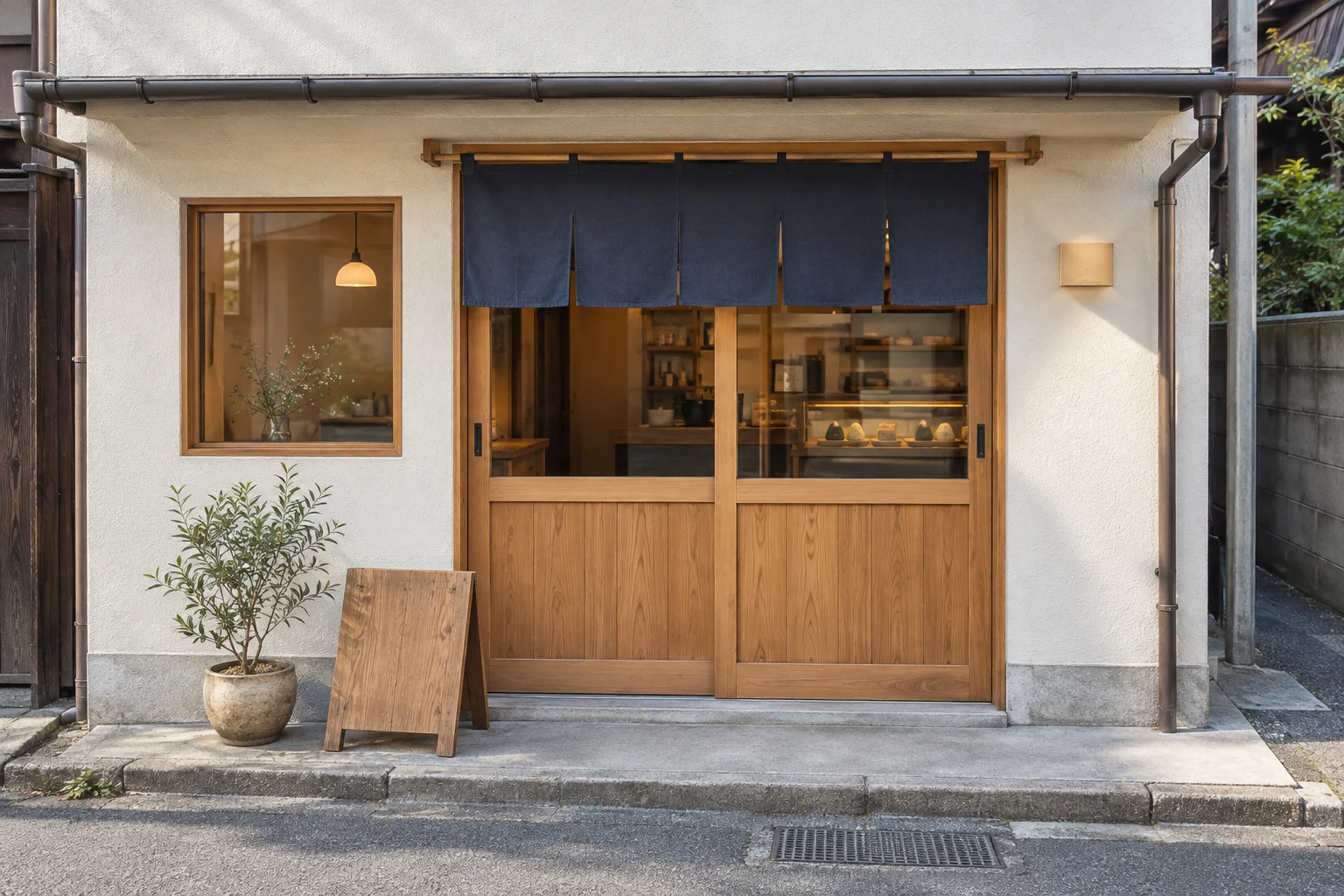 木枠の入口とのれんがある小さなおむすび店の外観
